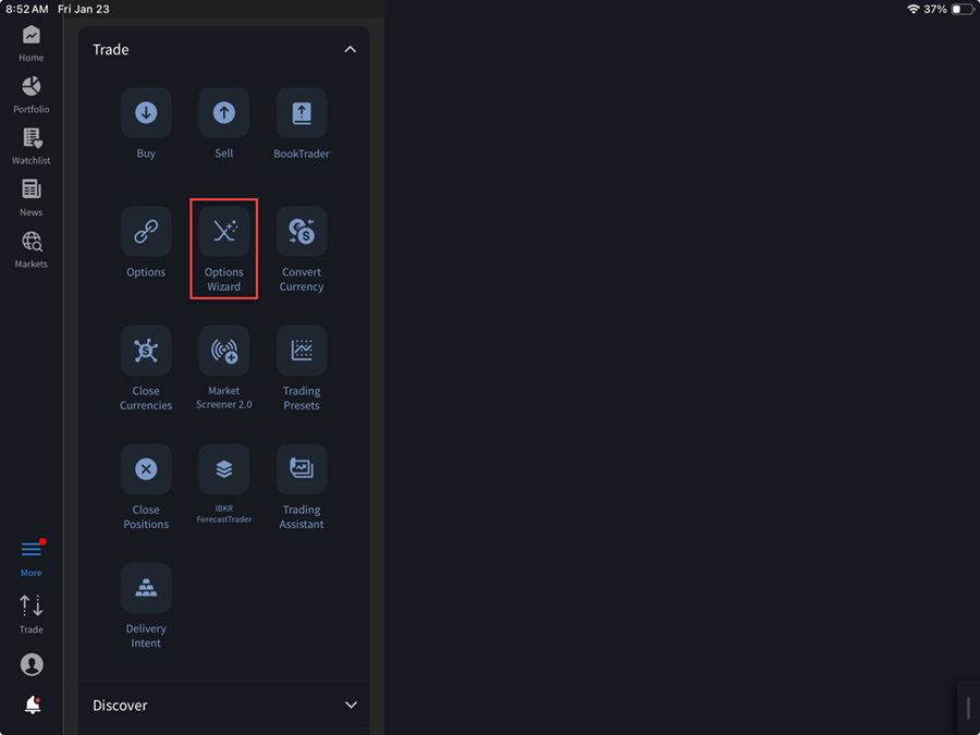 The options wizard button on the iPad